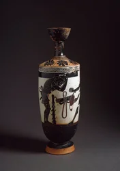 Grekisk konst: "" Herakles och Atlas"" Detalj av Herakles (Herkules) Lekythos (lecyth) vit realiserad av målaren av Athena (450-400 f.Kr.). Aten, Arkeologiska museet