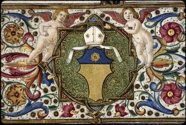 Missal av Thomas James: detalj av kommissionärens vapen, "Or, on a chief azure a rose Or".