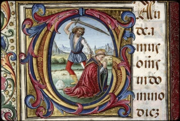 Thomas James missal: detalj av en bokstav G: den helige Thomas Beckets martyrdöd.