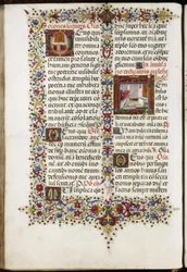 Missal av Thomas James: sida med två initialer: ett altare och invigningen av en kyrka.