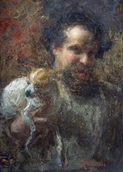 Attilio Andreoli självporträtt med hund (olja på duk)