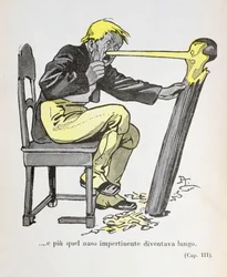 "Pinocchios näsa började växa medan Gepetto fortsatte att skära ut hans figur", illustration ur "Pinocchio" av Carlo Collodi (1826-90) 1935 (färglitografi)