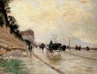 Vagn på strandpromenaden i Neapel (olja på panel)