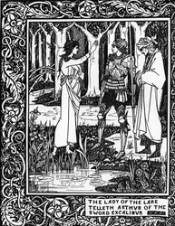Arturlegenden: ”Damen i sjön, fen Vivian, lär Arthur om svärdet Excaliburs existens”. Gravyr i ”Le Morte d