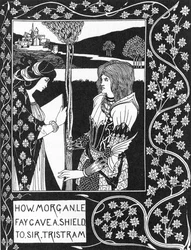 Arthurian Legend: "" Avgiften Morgane ger en sköld till Tristan""" Gravyr i "Berättelsen om Tristan och hans äventyr, som inkluderar hans kärlekshistoria med Isolde"" "The Morte of Arthur"" av Sir Thomas Malory, utgåva illustrerad av Aubrey gav Beardsley (