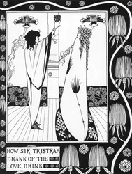 Arthurian Legend: "" Tristan drinking the love philtre""" Gravyr i "" Berättelsen om Tristan och hans äventyr, som inkluderar hans kärlekshistoria med Isolde"""" från Sir Thomas Malory, utgåva illustrerad av Aubrey Beardsley (1872-1898) ) 1893-1894 (Arthur