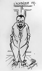 Karikatyr av den franske författaren Emile Zola (1840-1902) utanför Academie Francaise (teckning)