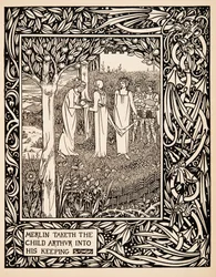 Merlin tar barnet Arthur i sin vård, Illustration från "Le Morte d