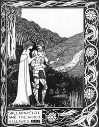 Sir Launcelot och häxan Hellawes (Lancelot och häxan Hellawes) Illustration av Aubrey Beardsley (1872-1898) från Thomas Malorys "The Death of Arthur"