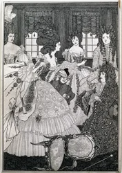 "The Battle of the Beaux and the Belles", teckning för den åttonde illustrationen från "Rape of the Lock" av Alexander Pope (1688-1744) pub. av Leonard Smithers