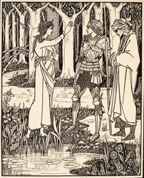 The Lady of the Lake berättar för Arthur om svärdet Excalibur,1894 (gravyr)