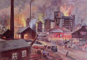 Fabrik med masugn, från en serie böcker om LUnivers et lHumanite av H. Kraemer, publicerad i Paris i slutet av 1800-talet (färgstick)
