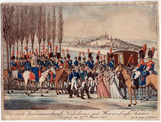 Napoleon presenterar kejsarinnan Marie-Luise för sin familj utanför paviljongen nära Soissons - Campe, August Friedrich Andreas (1777-1846) - Etsning, akvarell - 17,3x23 - Privat samling