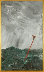 Stormigt hav. Röd pinne (olja på papper)