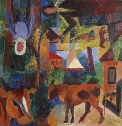 Landskap med kor, segelbåt och figurer. 1914