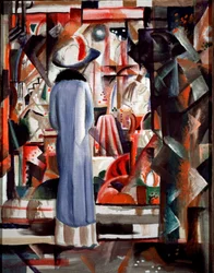 Stor upplyst monter En kvinna som bär en lång kappa och hatt tittar på en monter. Målning av August Macke (1887-1914) 1912 Dim. 105x85 cm Hannover, Sprengelmuseet