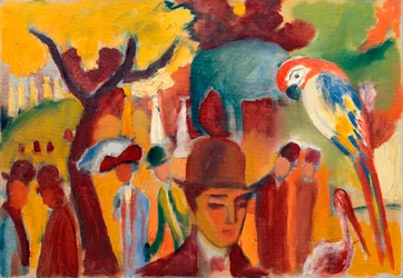 Den lilla zoologiska trädgården i brunt och gult. Målning av August Macke (1887-1914), olja på duk
