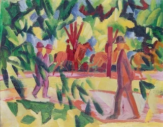 Ryttare och vandrare i en allé. 1914