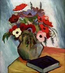 Stilleben med anemoner och blå bok