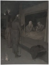 Njal, Bergthora och Thord Karisson beslutar att låta sig brännas levande. Illustration till Njals saga, kap. 129