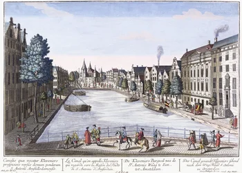 Vue av Kleveniers Canal, Amsterdam, ca 1740-1770 (handfärgad gravyr)