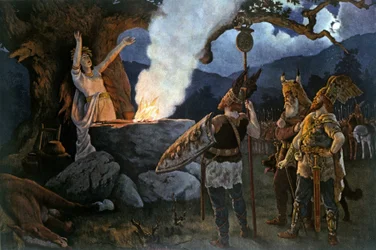 Keltiska krigare konsulterar en prästinna. Målning av Augustus Dieffenbacher.