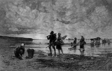 Stor sto i kanalen (1800-talet): fiskare av snäckor på en strand. Gravyr efter målningen av Hagborg Auguste Wilhem Nikolaus (1852-1921/1925) i "The Illustrous World" nr 1219 den 7 augusti