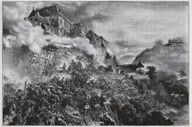 Den ungerska revolutionen 1848-1849: Ungerska rebeller stormar slottet Buda (ugn) den 21 maj 1849 - efter litografi av August von Pettenkofer
