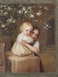 Barn och flicka under ett blommande äppelträd (studie)