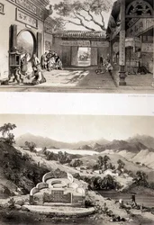 Interiör av det stora templet i Macao och en grav och by mellan vikarna Hongkong och Cowloon, planscherna 8 och 7 från "Sketches of China", graverad av Eugene Ciceri (1813-90) 1842 (tonad litografi)