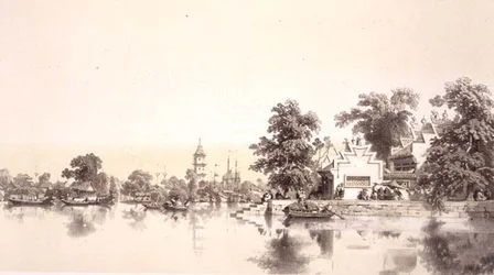 Tempel, pagod och by på Macao-Canton Canal, skylt 22 från 