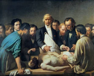 Doktor Alfred Velleau (1795-1867) på Charity kommer att gå vidare till en obduktion. En läkare omgiven av sina elever som är beredda att ingripa på ett lik. Målning av Francois Feyen Perrin (1826-1888). 1800-talet. Tours musee des Beaux Arts - Alfred Velpe