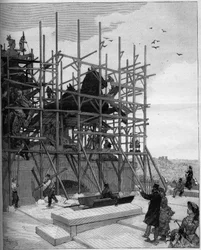 Triumfbågen i Paris: aktuellt tillstånd av byggnadsarbetet på skulpturen av Alexandre Falguiere (1831-1900) eller ""Republikens triumf""