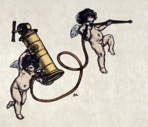 Glädjen med clystere. Två änglar bär en pump för lavemang. Illustration av Auguste Leroux (1871-1954)