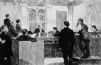 Bow Street Police Court Hall i London 1884 (gravyr)