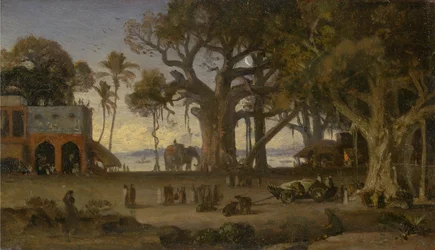 Månbelyst scen med indiska figurer och elefanter bland Banyanträd, Övre Indien (förmodligen Lucknow)
