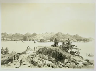 Hongkongs bukt och ö, tavla 4 från "Sketches of China", graverad av Eugene Ciceri (1813-90) 1842 (tonad litografi)