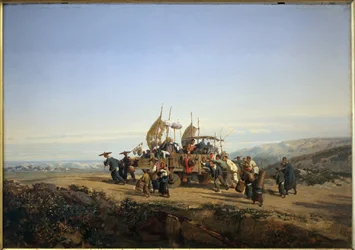 Resenärer använder en vagn med segel och skjuter av män. Målning av Auguste Borget
