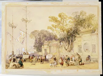 Village Square i Hongkongbukten, platta 5 från "Sketches of China", graverad av Eugene Ciceri (1813-90) 1842 (tonad litografi)