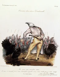 Louis Philippe med nattmössa på huvudet, omgiven av kalkoner
