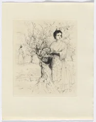 Frédéric Mistral: Mémoires et Recits av Frédéric Mistral: kvinna utanför med en korg med blommor (infoga efter s. 192)