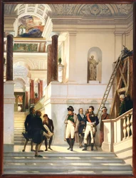 Napoleon I besöker Louvrens trappa i sällskap med arkitekterna Percier och Fontaine ...