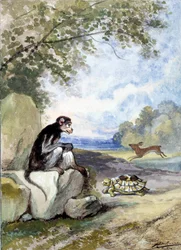 Illustration av fabeln "Haren och sköldpaddan"" av Jean de La Fontaine. Akvarell av Auguste Delierre (1829-c.1890)