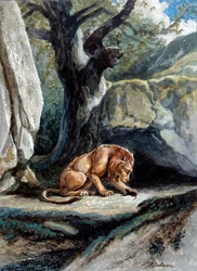 Illustration av fabeln "Lejonet och råttan"" av Jean de La Fontaine. Akvarell av Auguste Delierre (1829-c.1890)
