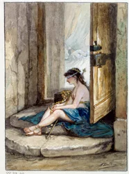 Illustration av fabeln "Mannen som springer efter förmögenhet och mannen som väntar på honom i sin säng"" av Jean de La Fontaine. Akvarell av Auguste Delierre (1829-c.1890)