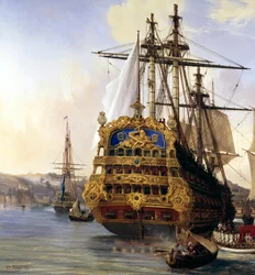 Fartyget "Le Foudroyant" på redden utanför Brest år 1724, detalj. Målning av Auguste Mayer (1805-1890), 1724, Brest, Konstmuseet - Fartyget "Le Foudroyant" i Brests hamn