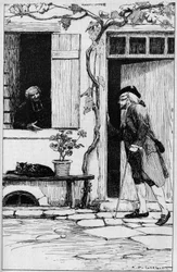 Församlingen i byn Ermenonville bjuder in filosofen Jean Jacques Rousseau (1712-1778) att gå in i hans presbyterium. Oise (60). Illustration av Auguste Francois Gorguet (1862-1927)