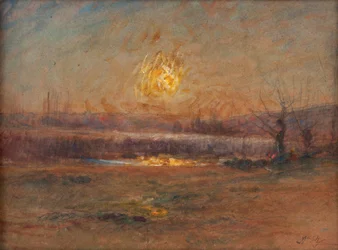 Solnedgång på dammen på landsbygden