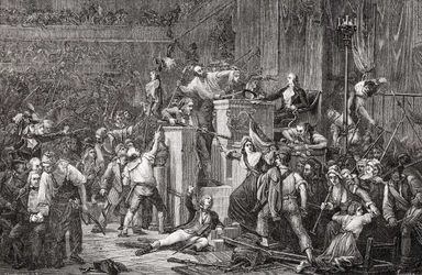 Ferauds huvud vid domstolen, 20 maj 1795, år III, graverat av Jonnard från "Histoire de la Revolution Francaise" av Louis Blanc (1811-82) (gravyr)