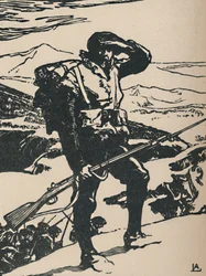 Alpjägare som tittar på Rhenslätten, 1919